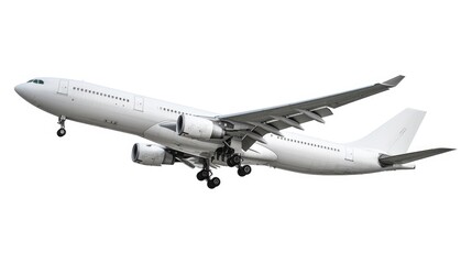 A photograph of a large jetliner flying through a clear, white sky. Suitable for travel, transportation, and aviation themes