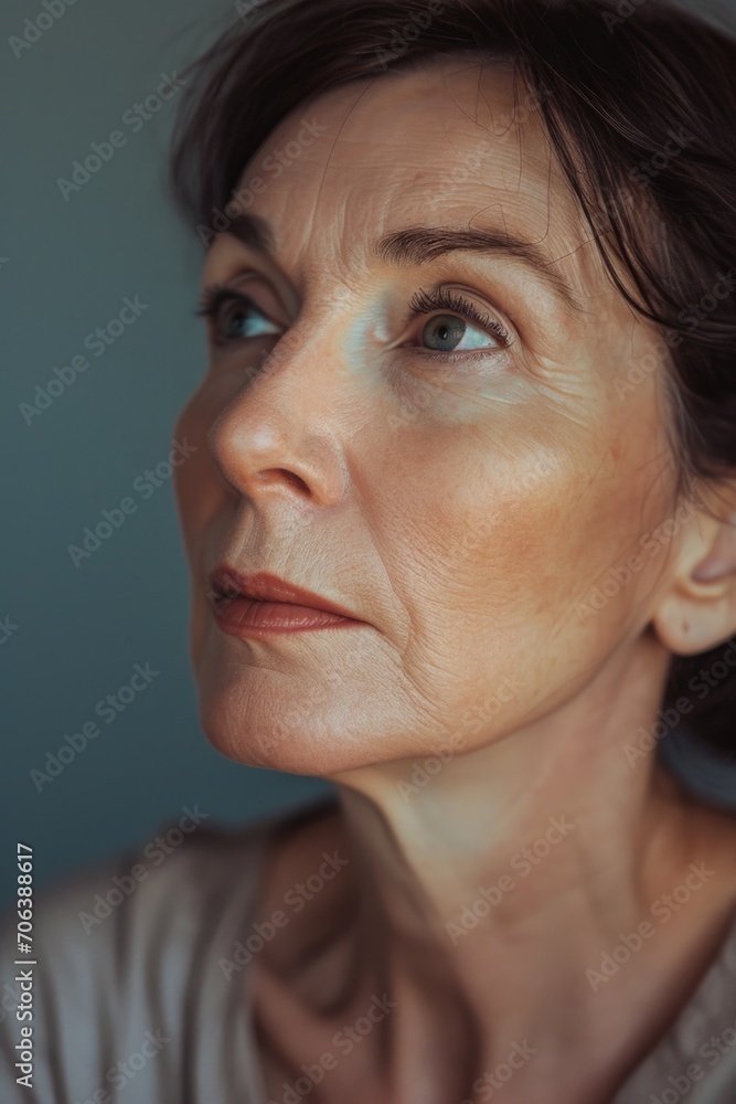 Poster a close-up shot of a woman looking up. perfect for adding a sense of curiosity and wonder to any pro