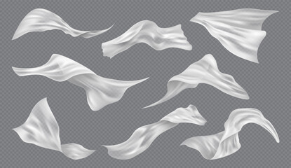 Flying white silk fabric, isolated on transparent background. Vector light fabric blown away by wind or breeze. Billowing curtain or tissue, chiffon cloth, satin clothes, scarf or capes