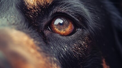 A close up view of a dog's eye with a blurred background. Can be used to depict the beauty and uniqueness of animals in nature