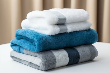 Obraz na płótnie Canvas Coordinated comfort Stacked towels in blue, white, and gray showcase elegance