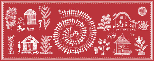 Warli Art: Capturing the Essence of Rural Life, Unique Wall Decor. Warli Art
Rural Life, Cultural Depiction, Ethnic Wall Decor, Indigenous Artistry. - obrazy, fototapety, plakaty