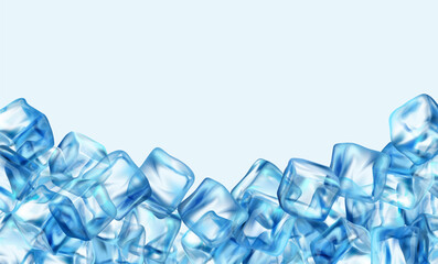 Realistic icy square blocks stacked, pile of frozen water pieces. Vector background with copy space, banner with crystal clear transparent icicles. Frame for advertising or commercials ad