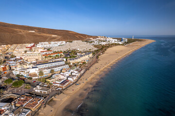 The drone aerial view of Morro Jable and Playa del Matorral in Fuerteventura Island, Spain. Morro...