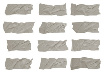White scotch tape on white background, crumpled sticky tape, different sizes.
