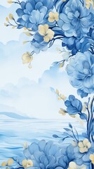 Fototapeta na wymiar Greeting card holiday background with blue floral ornamental boarder