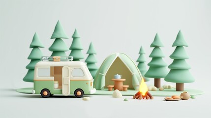 Whimsical camping scene with a pastel camper van, cozy tent, and inviting bonfire, set against playful pine trees for a charming outdoor adventure.