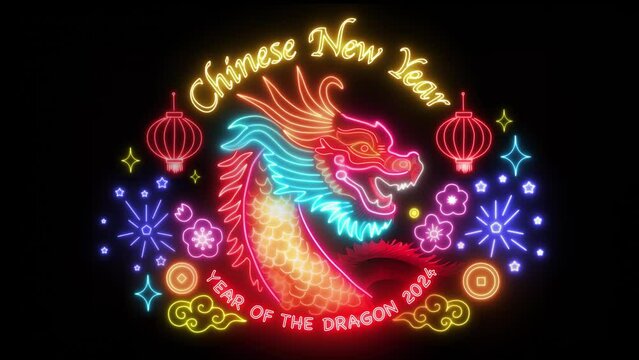 Chinese New Year 2024, Year of the Dragon animation, flickering colourful neon sign, Chinese Dragon with New Year greetings on black background.