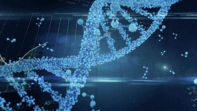 Animation of data processing over dna chain on dark background