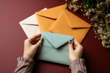 Stylish mail Female hand displays paper envelopes in top view arrangement