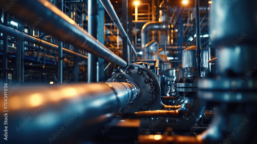 Poster a picture showcasing pipes and valves in a spacious industrial setting. this image can be used to de