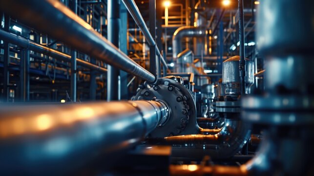 A picture showcasing pipes and valves in a spacious industrial setting. This image can be used to depict manufacturing, engineering, or industrial processes