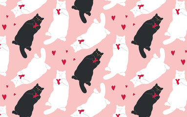 vector cartoon seamless pattern with sleepy cats in love. romantic valentine hand drawn line art kitten background. repetitive pattern with black and white kitties