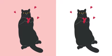 Foto op Plexiglas cute st valentines day cartoon black cat with heart. funny romantic kitten in love. sleepy cat isolated on white background © Karina