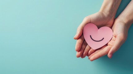 Hand Holding a Pink Paper Smile Symbolizing Emotional Mental Health and Love on a Blue Background, Top-down view, Heart-Shaped Smiley, Support Positivity, Wellness, and Happiness Concept