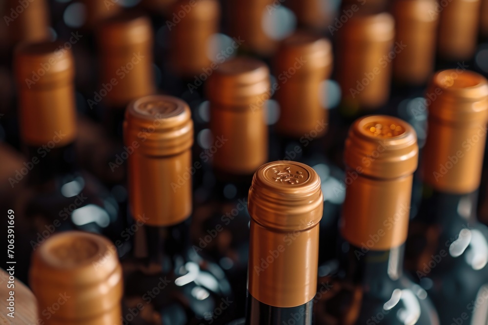 Aufkleber A close-up view of a bunch of wine bottles. Perfect for showcasing a collection or for use in a wine-themed project