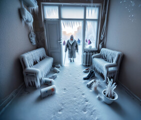 A frozen elderly man enters an apartment frozen with frost.