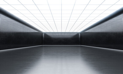 Modern empty open space with lights on top. Showroom hall and black wall.  3D rendering