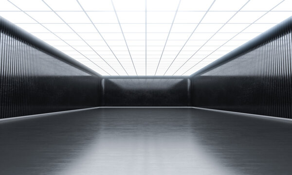 Modern empty open space with lights on top. Showroom hall and black wall.  3D rendering