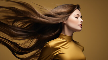 Fototapeta na wymiar A model showcases her long, voluminous hair while wearing a sleek golden dress, creating an image of grace and beauty against a simple brown backdrop.