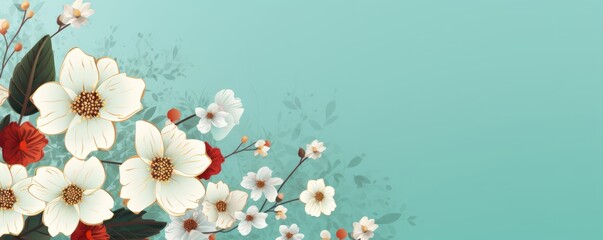 Banner with flowers on light teal background