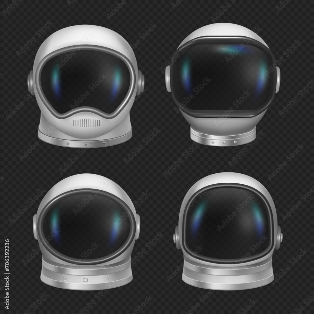 Poster Cosmonaut helmets, realistic astronaut mask set with clear glass for space exploration and flight in cosmos. Vector galaxy and universe adventure, headwear part of uniform of characters