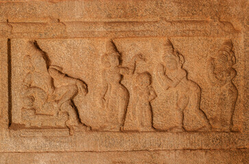 Beautiful carvings on the wall of Hazara Rama temple, Hampi, Karnataka, India, Asia.