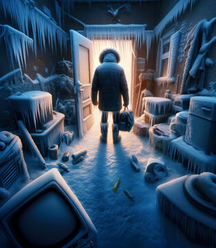 A man leaves a frozen apartment.