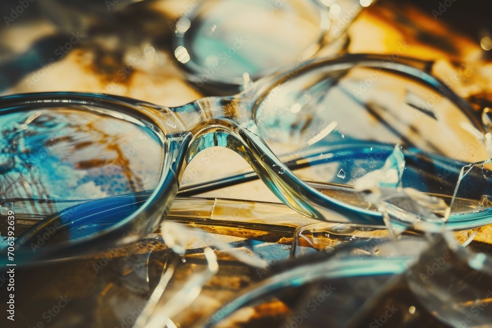 Poster a pair of glasses sitting on top of a table. suitable for various lifestyle and office-related conce