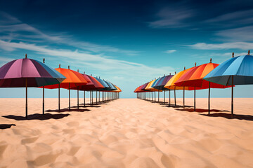 A lot of colorful sun umbrellas on a beach, with a view of a horizon line over the sea, sky, a symbol for holiday vacation.