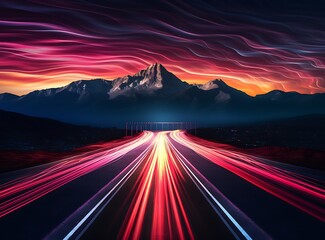 Journey Through the Night: Capturing Light Trails on a Road - obrazy, fototapety, plakaty