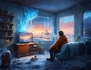 A frozen man in a cold apartment watches TV.