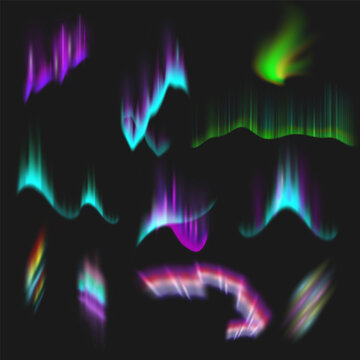 Northern polar lights glow set. Vector arctic aurora borealis view, natural phenomena with glowing illumination. Realistic gradient colors at night sky. Luminous streaks of nordic shining