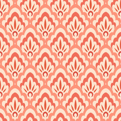 abstract delicate lace type damask peach color shadows geometric seamless pattern on light beige background - 706392809