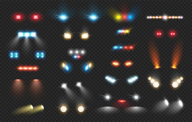Realistic glow round car headlight beams. Vector isolated flare effects of truck or automobile, ambulance and police in dark on road. Spotlight from headlamp from transport in night time © Sensvector