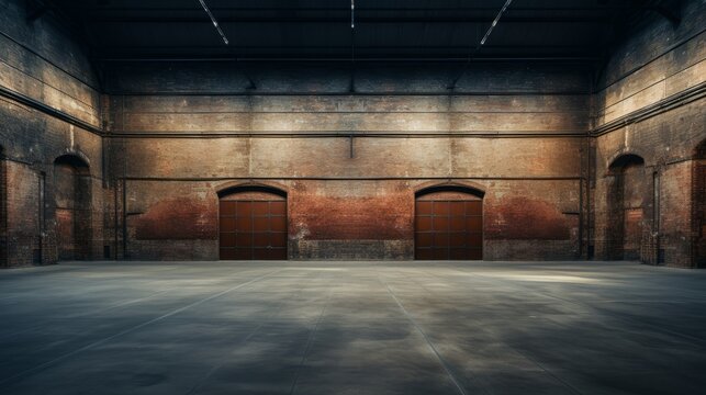 An empty warehouse with red brick walls and concrete AI generated illustration