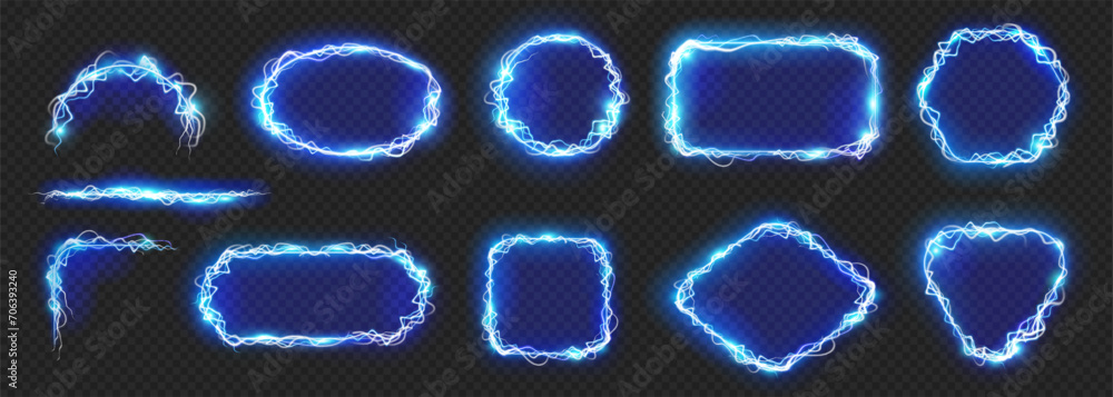 Aufkleber Geometric neon frame with electric lightning spark effect and energy glowing. Vector isolated bolt voltage borders, rectangles and squares, circles and rhombus on transparent background