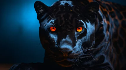 Zelfklevend Fotobehang Portrait of a black jaguar with blue eyes under lights © Possibility Pages