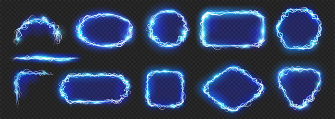 Geometric neon frame with electric lightning spark effect and energy glowing. Vector isolated bolt voltage borders, rectangles and squares, circles and rhombus on transparent background - obrazy, fototapety, plakaty