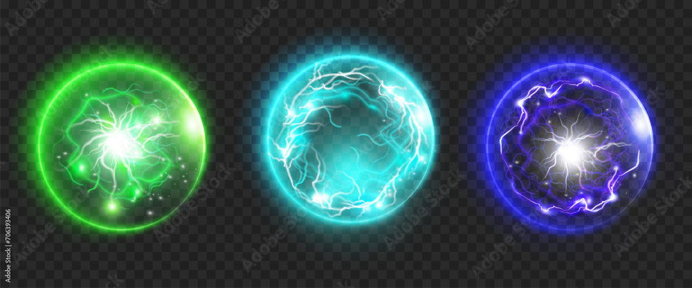 Poster powerful plasma spheres with electric discharge. vector isolated energy balls with bolts and lightni