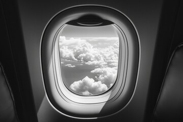 A black and white photo of an airplane window. Perfect for travel and aviation-related projects