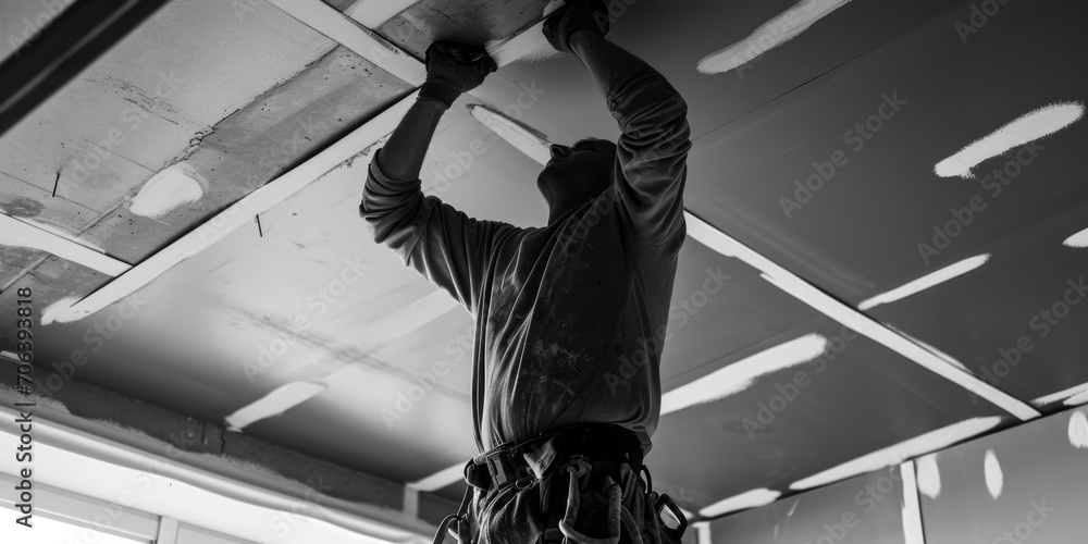 Poster a man is seen fixing a ceiling in a building. this image can be used to depict construction, home im