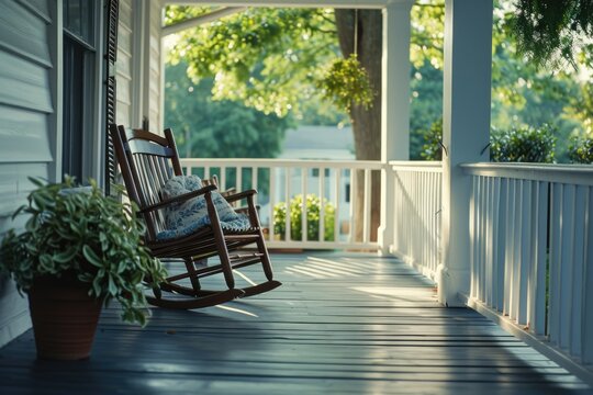A rocking chair sits on a porch next to a potted plant. Perfect for adding a touch of relaxation and nature to any outdoor space