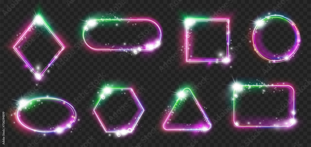 Poster Neon frames with radiance effects, highlights and sparkles. Vector isolated magic empty borders of geometric shapes. Triangle and rhombus, square and rectangle, circle and oval figure glowing