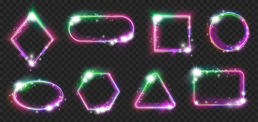Neon frames with radiance effects, highlights and sparkles. Vector isolated magic empty borders of geometric shapes. Triangle and rhombus, square and rectangle, circle and oval figure glowing - obrazy, fototapety, plakaty