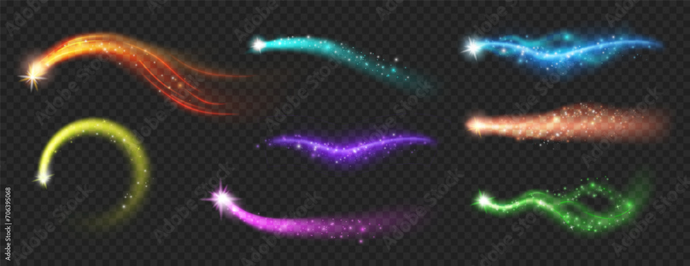 Poster luminous neon bright shining with trail. vector isolated bright rays of light glowing energy, sparkl