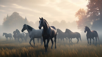 Stylish Horse Herd in Fog