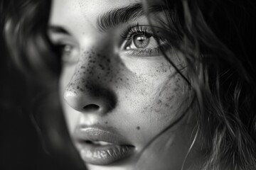 A close up view of a woman with freckles on her face. Suitable for beauty, skincare, and natural look concepts