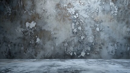 A room with a concrete floor and a wall with peeling paint. Suitable for industrial or urban-themed designs