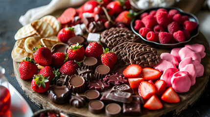 A Valentine's Day charcuterie board is presented with sweets, strawberries, chocolate, and cookies, constituting a traditional romantic snack for the holiday. generative AI
